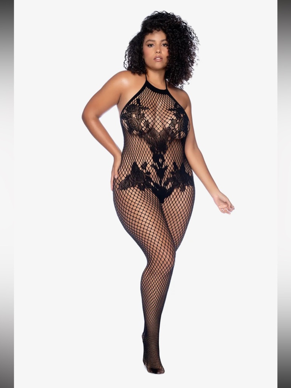 Plus Size Black Fishnet Lace Bodystocking - Women Intimates